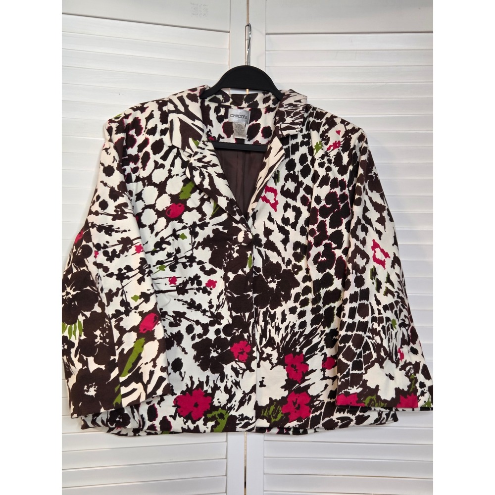 Chicos Leopard Floral Blazer Size 10 M Pink Brown Cotton Blend Cropped Jacket